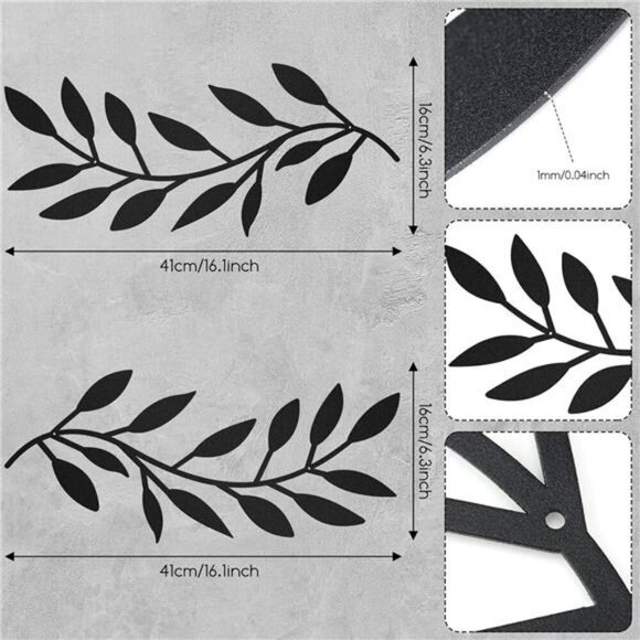 Metal Leaf Wall Art Set Black Olive Branch Decor for Living Room Hallway - Picture 2 of 7